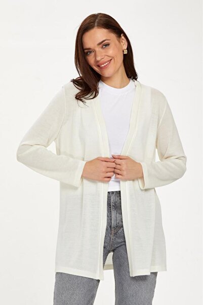 İKİLER Uzun Kollu Saten Biye Detaylı Uzun Hırka 234-4405