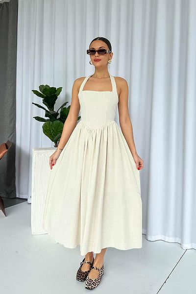 Mine Tan Butik Rochie Midi Bej De Damă Guler Pătrat In