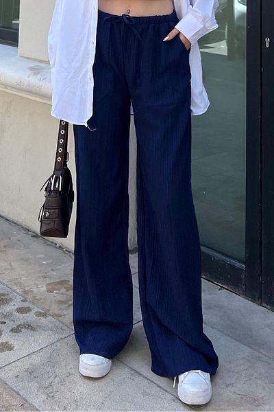 Madmext MG1882 Model Navy Blue Wide Leg Women's Trousers - Pockets