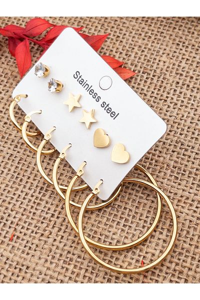 Siya Silver Gold Color Heart Star Zircon Stone Detailed 6 Pairs Steel Hoop Earrings Set (2-3-4 cm)