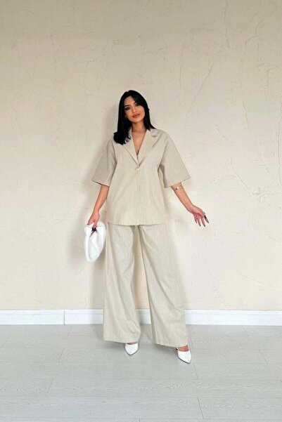 Melenza Beige Front Single Button Jacket Pants Set