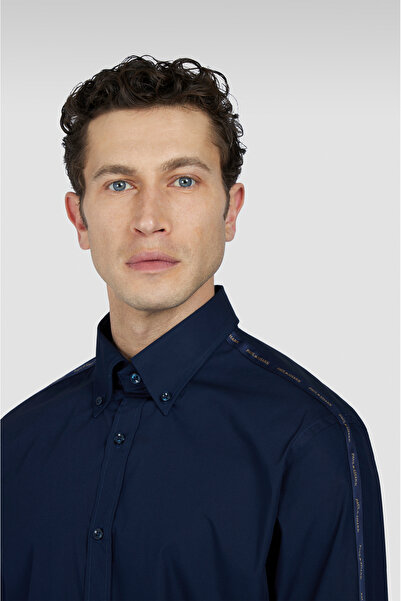 PAUL&SHARK Men's 100% Cotton Regular Cut Sleeves Long Sleeve Navy Blue Shirt with Stripe Logo 25413510 -013