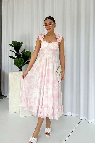 Mine Tan Butik Pink White Floral Chiffon Women Dress with Ruffled Sleeves