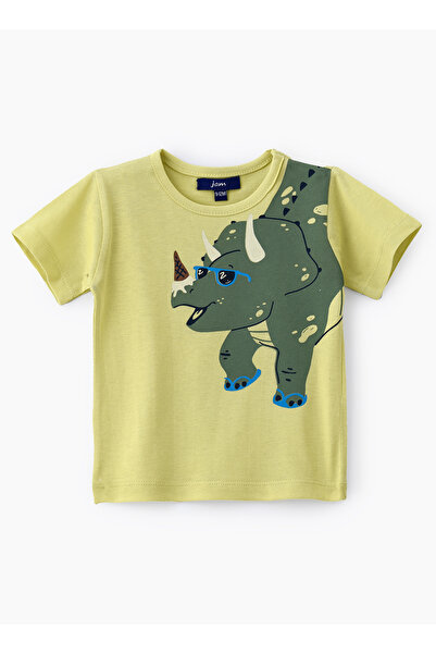 Basicxx تي شيرت قطني برسومات ديناصور باللون الأخضر الليموني للأولاد