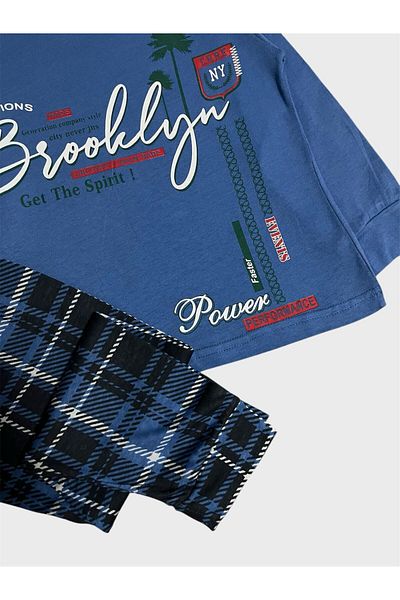 ALİŞ KİDS Set de pijamale sezoniere pentru bărbați, 100% bumbac, albastru, cu model text Brooklyn, în șase carouri, cu mâneci lungi