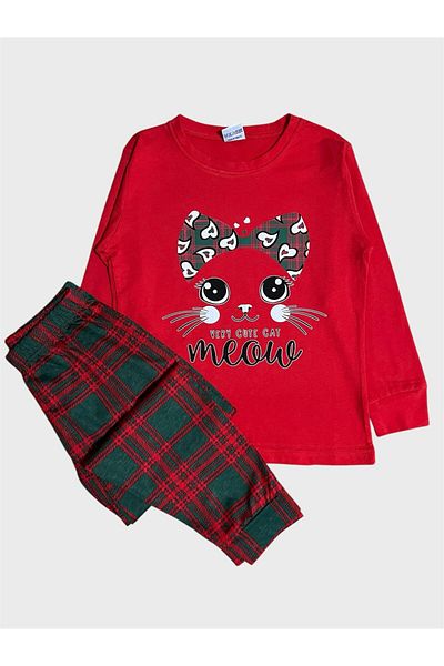 ALİŞ KİDS Girl's 100% Cotton Red Cat Patterned Six Plaid Patterned Long Sleeve Seasonal Pajama Set