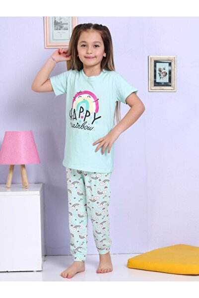 Little Miny Kids Minykids Rainbow Patterned Turquoise Pajama Set