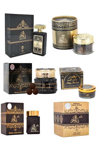 ALMAS A complete package of Ashiq Al Oud perfume - 100 ml with a set of incense and 6 pieces of Ashiq Al Oud maamoul