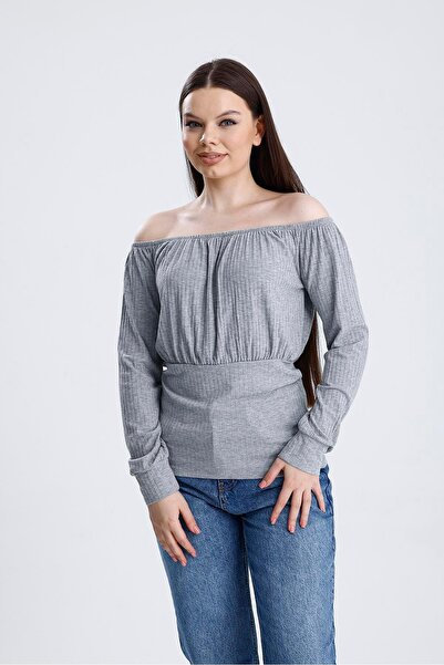 Miss Murem Boat Neck Ribbed Sleeve Blouse-Gray