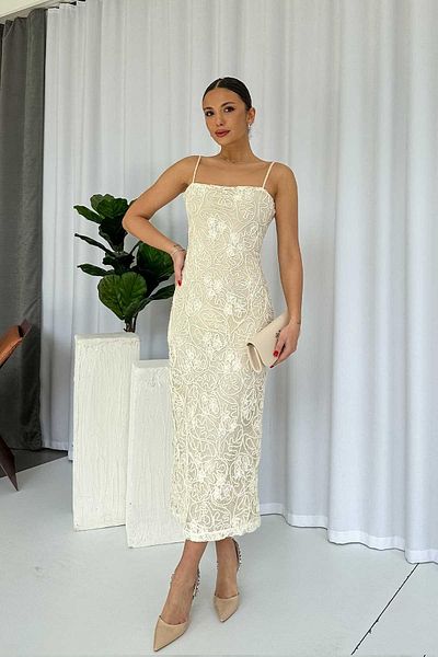 Mine Tan Butik Rochie lungă de damă cu motiv bej - Detaliu broderie cu bretele