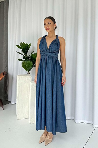 Mine Tan Butik Синя довга сукня з перехресним коміром