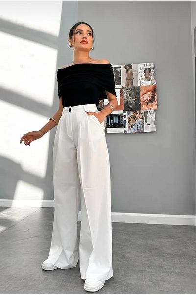 LİSAA BUTİK White Wide Leg Polyviscon Trousers