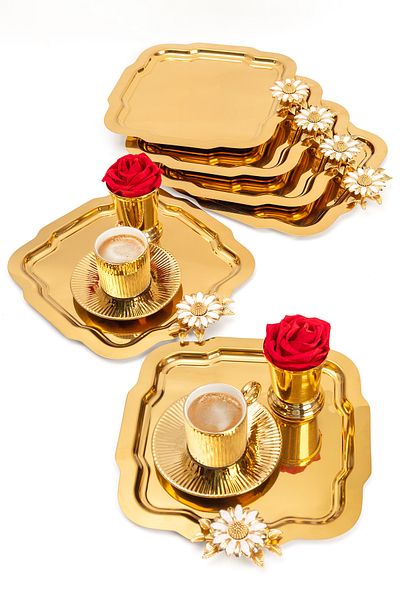 NEWTREND Züccaciye 6-Piece Luxury Gold Tray - Stainless Steel - Coffee and Chai Serving Presentation