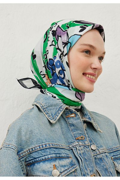 Fresh Green Lemonade Patterned Cotton Voile Scarf