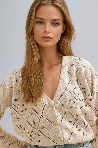 VAGGON Women's Beige Diamond Patterned Floral Embroidered Knitwear Cardigan Vgn-X8993