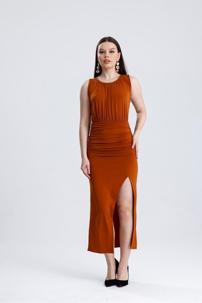 Miss Murem Büzgülü Yırtmaçlı Sandy Elbise-KİREMİT