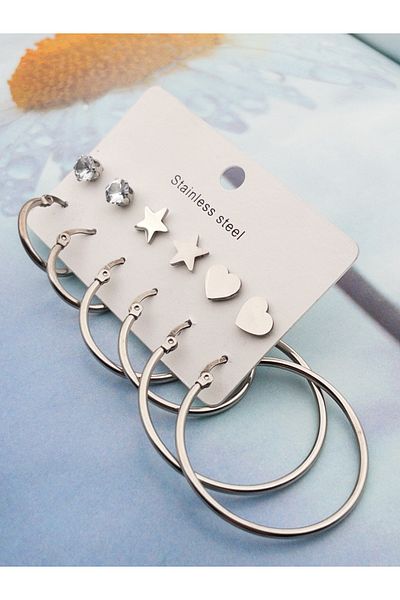 Siya Silver Gold Color Heart Star Zircon Stone Detailed 6 Pairs Steel Hoop Earrings Set (2-3-4 cm)