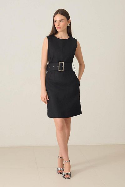 Setre Black Collar Window Detailed Sleeveless Linen Mini Dress with Belt Detail