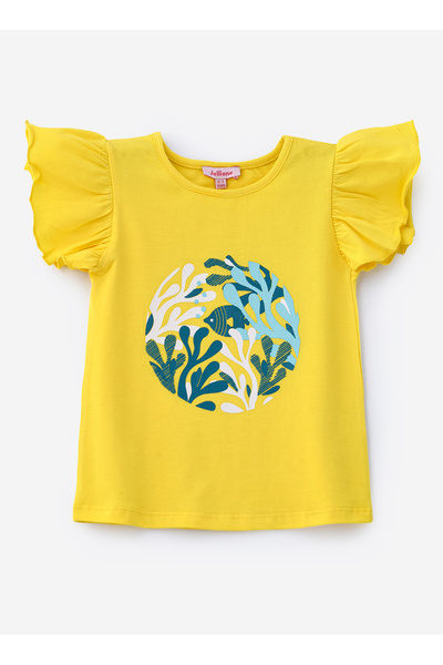 Basicxx Vibrant Yellow Leafy Circle Cotton Tee for Girls