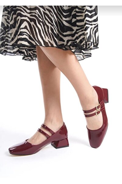 BAY ARMEDON Claret Red Patent Leather Mary Jane - Closed Back, Double-Strapped Square Toe Cap Short Block Heeled Women's Shoes