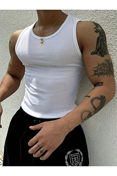 FUWEAR Tricou alb pentru bărbați - Tricou cu guler halter din bumbac Lycra