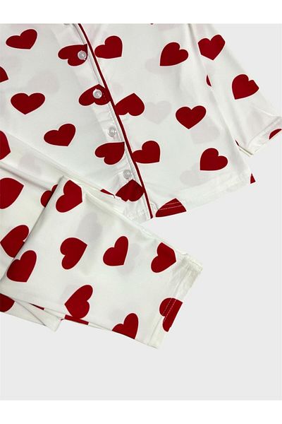 ALİŞ KİDS Set de pijamale de sezon pentru fete, 100% bumbac, alb, cu model de inimă, guler de cămașă, cu mânecă lungă, cu nasturi