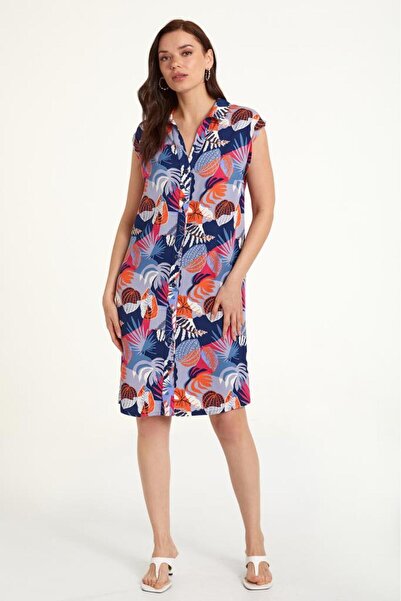 İKİLER Önü Düğmeli Desenli Gömlek Elbise 023-4036