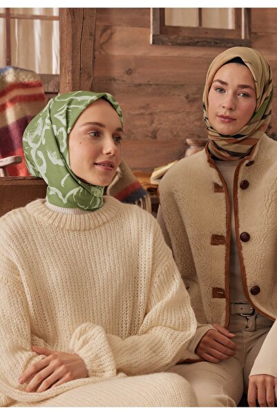 Freshscarfs Πράσινο μεταξωτό φουλάρι από βαμβάκι με σχέδιο βιόλα