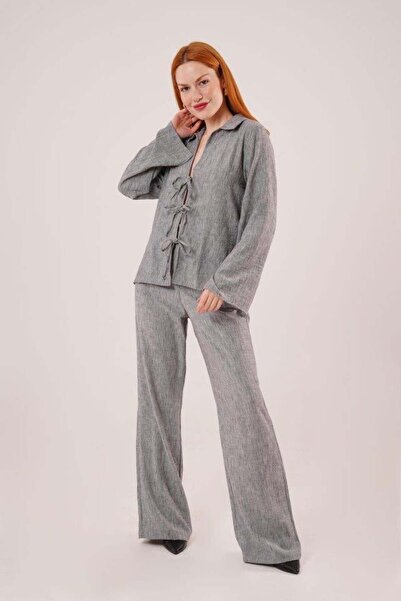 EPSWorld Set de pantaloni și cămașă cu detaliu de legare în față, antracit