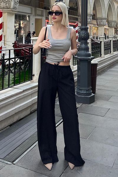 Madmext Black Pocketed Wide Leg Women's Trousers MG1882