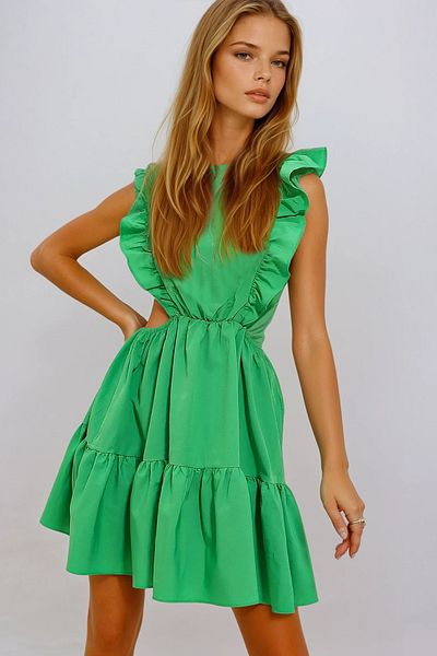 VAGGON Rochie de damă verde cu decolteu în formă de barcă, cu talie decoltată, cu volane laterale, din poplin Vgn-X8503