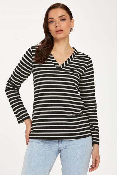 İKİLER V Yaka Uzun Kol Çizgili Bluz 234-1702
