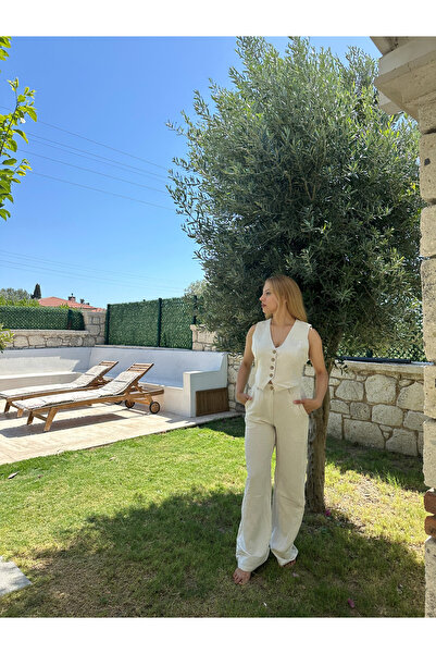 Çeşme Home Women's High Waist Linen Trousers - Cream Color Stylish Summer Trousers