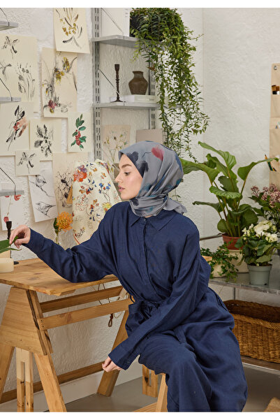 Freshscarfs Μπλε Φουλάρι από Βαμβακερό Μετάξι με Σχέδιο Isla
