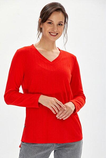 İKİLER V Yaka Yanı Çıtçıtlı Uzun Kol Bluz 234-1711