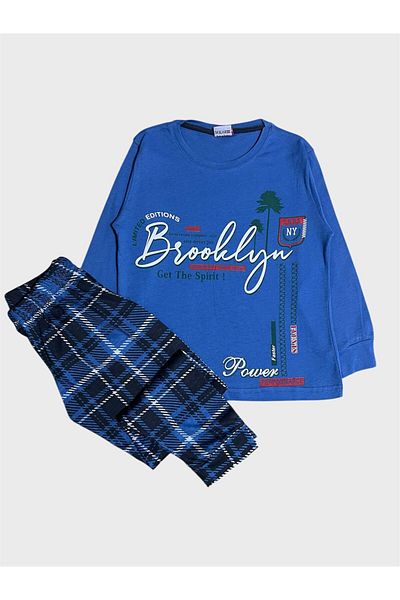 ALİŞ KİDS Set de pijamale sezoniere pentru bărbați, 100% bumbac, albastru, cu model text Brooklyn, în șase carouri, cu mâneci lungi