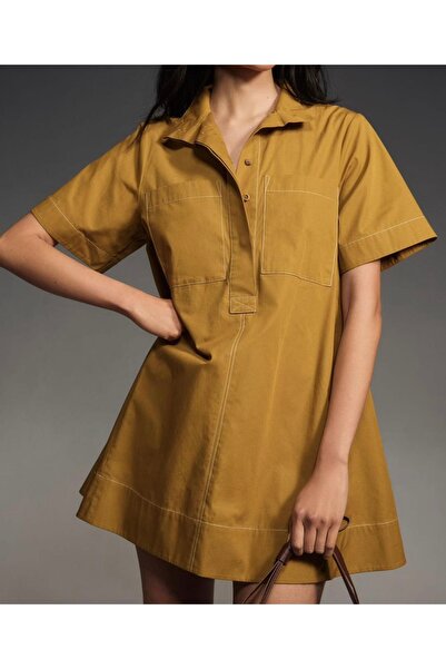 neslihansarıca elbise , marka model oversize cepli hardal elbise