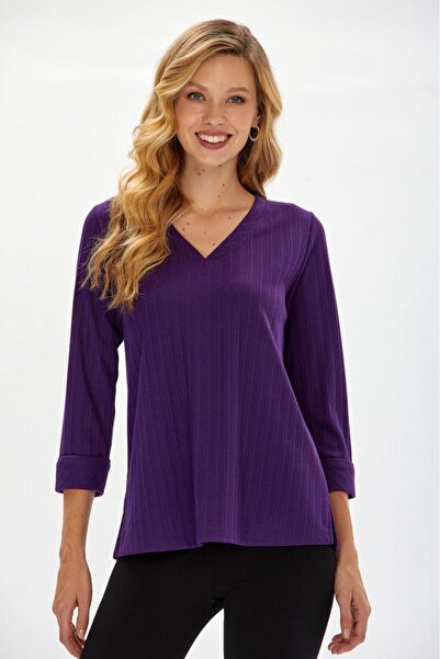 İKİLER V Yaka Duble Kol Yırtmaçlı Bluz 234-1712