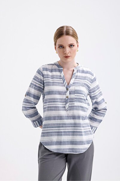 Miss Murem Çizgili Yarım Pat Şirin Gömlek-SAKS KIRÇILLI