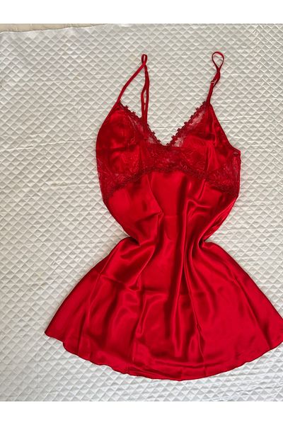 El Major Large Size Red Satin Lace Detailed Short Nightgown