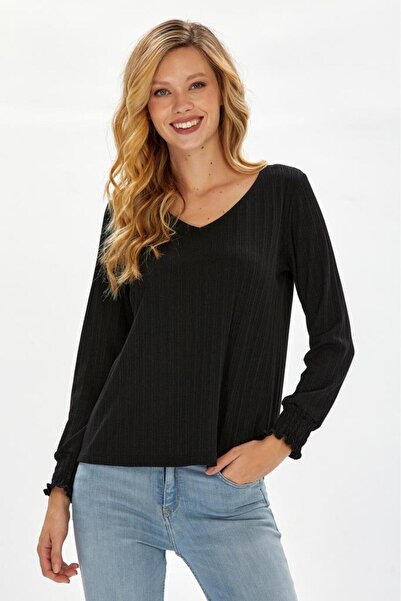 İKİLER V Yaka Kolları Lastikli Uzun Kol Bluz 234-1730