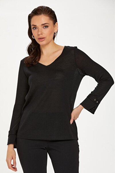 İKİLER V Yaka Kolu Aksesuarlı Triko Bluz 234-1718