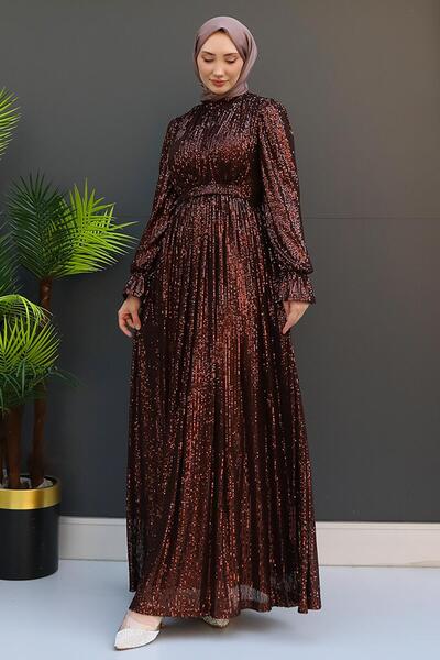GİYZAMİLA Bitter Brown Colorful Sequin Sequin Butterfly Evening Dress