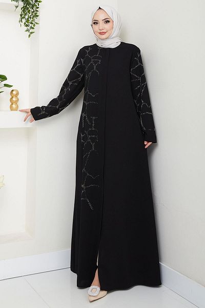 hafsamina Plus Size Ferace - Sahra Stone Μαύρο HM2712