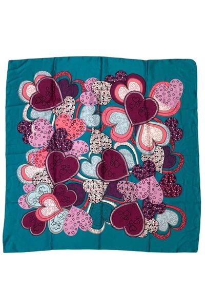 TikiTonki Heart Patterned Satin Petrol Green Scarf - 90X90
