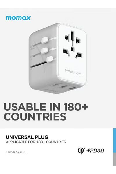 Momax UA11 1-World 20W 3 Ports + AC Travel Adapter Multi Volt 100-250V USB-C / USB-A - White