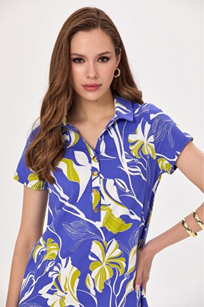 İKİLER Polo Yaka Önü Çıtçıtlı Desenli Elbise 025-4028