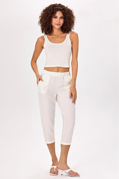 İKİLER Beli Lastikli Paçası Metal Aksesuarlı Cepli Pantolon 025-3510