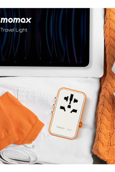 Momax UA20 1-World 25W GaN 3 Ports + Multi Plug Adapter USB-C / USB-A with USB-C Cable - Orange