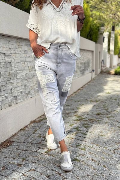 Güneşkızı Gray Pocket Washed Embroidered Normal Waist Pipe Leg Loose Denim Trousers 95 55